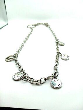 Multi Metal Smiley Face + Peace Sign Pants Or Wallet Chain 17" Silver Tone